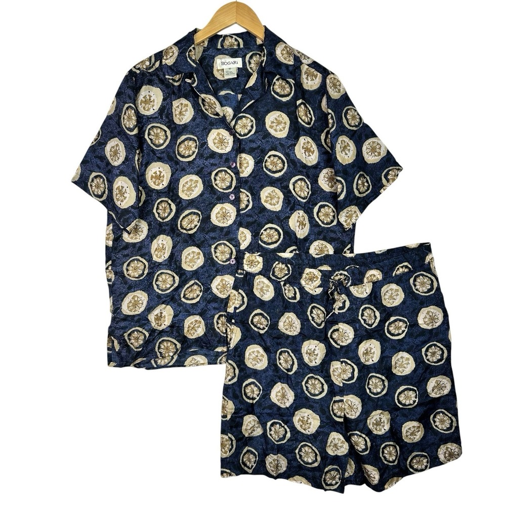 Vintage Bogari 100% Silk 2 Piece Lounge Set Womens M Blue Floral Button Up